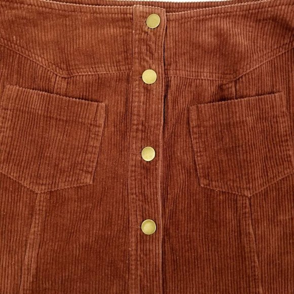 Mittoshop Corduroy Mini Skirt NEW Brown Button Front Size L Pockets Frayed Hem - Picture 3 of 9